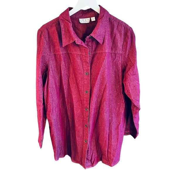 Joan Rivers Red Button Down Top L Long Sleeve Pockets Western Warm Minimalist - Picture 2 of 12